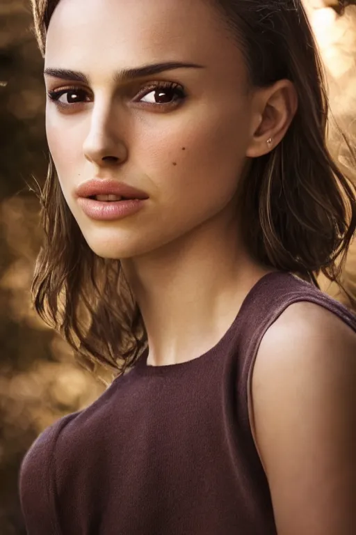 Image similar to a photo of a girl half Nathalie Portman half Jessica Alba, portrait, 3/4 view, amber eyes, a shy face, Refined, Detailed professional photo, 50mm lens, Canon eos, soft an diffuse lights, autumn light, blurry distant background, Highly Detailed, Cinematic Lighting, Unreal Engine, 8k, HD