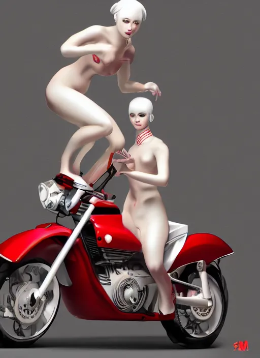 Image similar to albino maiko riding a hardcore motorbike, fluent composition,, red and white, concept art, ambient light, 4 k, intricate details, highly professionally detailed, cgsociety, highly detailed -