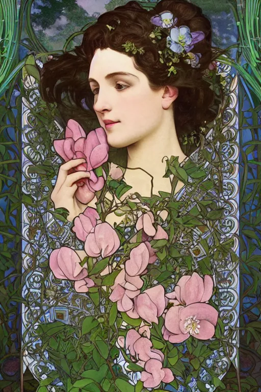 Prompt: a goddess of magnolias, queen of the garden!!, meditating in nature!!!! with a beautiful symmetrical face!!! cinematic lightning, isolated, studio lighting by alphonse mucha and tom bagshaw