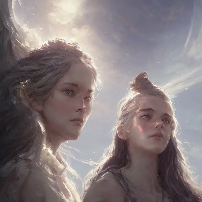 Image similar to a portrait of a beautiful hopeful lady with pretty eyes, beautiful eyes, highly detailed eyes, looking up onto the sky, light smiling, art of wlop and greg rutkowski, intricate, high details, epic fantasy art, bright light masterpiece, ray of light through white hair