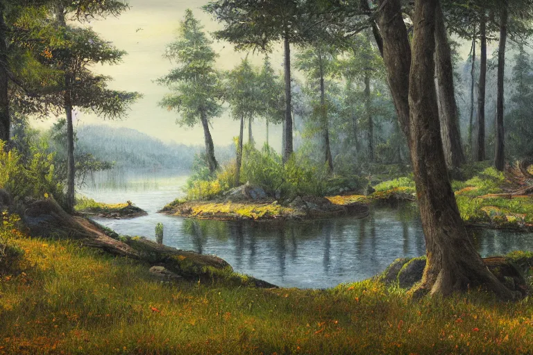 Image similar to landscape painting, forest lake, hd 8 k photorealism