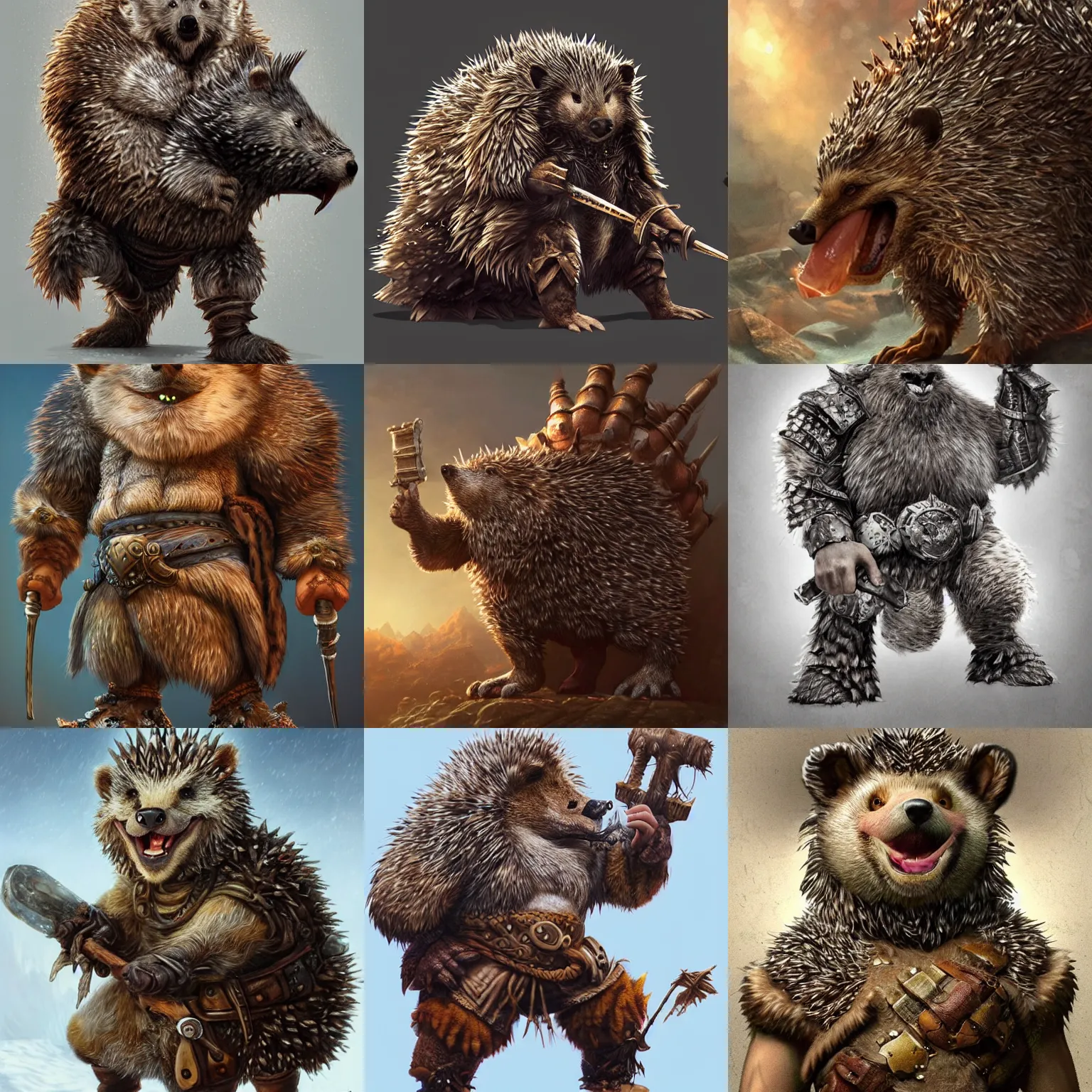 Prompt: anthropomorphic rugged hedgehog!!! with furry!! bulky barbarian muscular armored upper body long hair, 👅 👅 , D&D, fantasy, intricate, elegant, highly detailed, digital painting, artstation, concept art, smooth, sharp focus, illustration, art by artgerm and beeple and greg rutkowski and alphonse mucha