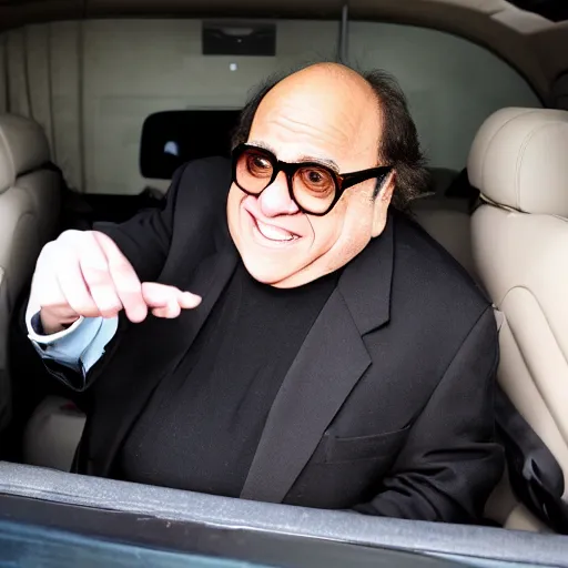 Prompt: danny devito offering you an egg in the backseat of a limo, high quality, high resolution