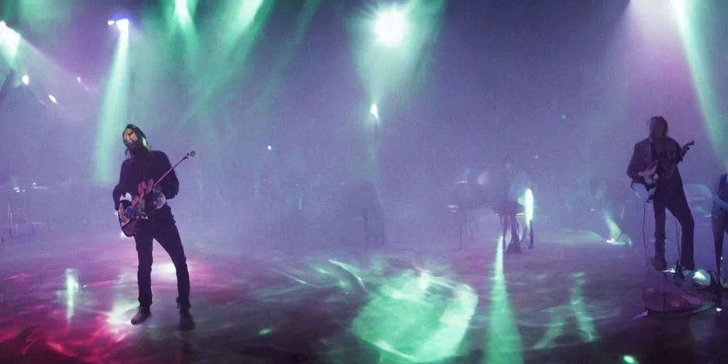 Image similar to Thom Yorke singer songwriter, Radiohead group of people on stage playing instruments, elaborate stage effects, dust, smoke, giant LED screens, colored projections, ultrafine detail, glowing thin wires, smoke, high contrast, projections, a screenshot by David Gilmour Blythe, holography, tesseract, volumetric lighting, anamorphic lens flare