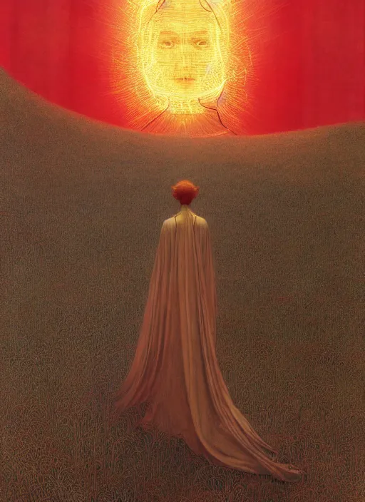 Image similar to Woman masterpiece, red, golden halo behind her head, red wires wrap around, by Edgar Maxence and Ross Tran, Zdzisław Beksiński, and Michael Whelan, distant, gustav dore, H.R. Giger, 8k, octane render