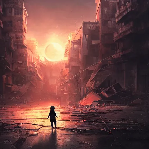 Prompt: A beautiful picture of a small suicidal girl against the background of a destroyed city and a yellow -red moon, artstation and Frederik Heyman, extremely detailed, stunning volumetric lighting, hyper realism, fantasy 4k