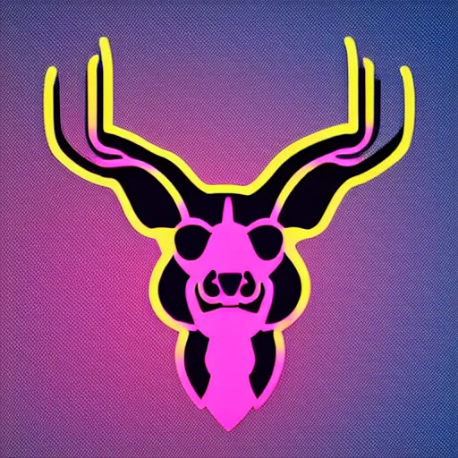 Image similar to logo for corporation that involves deer head, symmetrical, retro pink synthwave style, retro sci fi