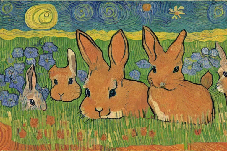 Image similar to beautiful art illustration of a group of rabbits by laurel burch and van gogh, highly detailed