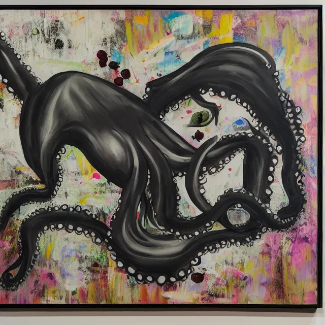 Image similar to empty room with black walls, a portrait of a female pathologist, an octopus, wilted flowers, squashed berries, neo - expressionism, surrealism, acrylic and spray paint and oilstick on canvas