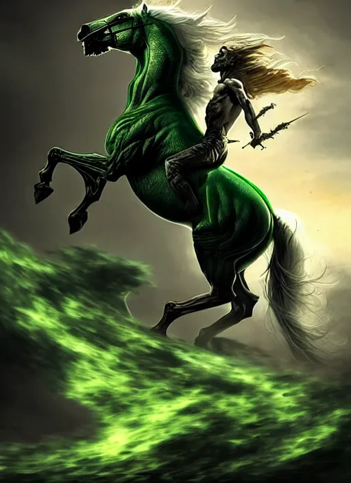 Image similar to the singular horseman of the apocalypse is riding a strong fierce ferocious rabid undead green stallion, horse is up on its hind legs, the strong male rider is death with a scithe, beautiful artwork by artgerm and rutkowski, breathtaking, dramatic, full view