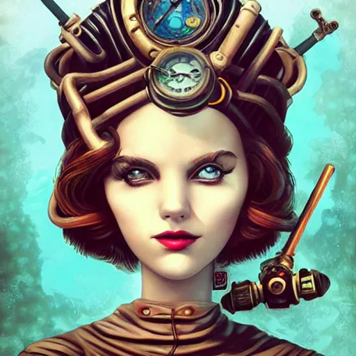 Image similar to lofi underwater bioshock steampunk portrait, Pixar style, wearing swimsuit, by Tristan Eaton Stanley Artgerm and Tom Bagshaw.