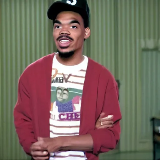 Image similar to a tv still of Chance The Rapper starring as a college student in a 1993 black sitcom