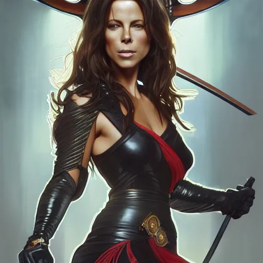 Image similar to a portrait of kate beckinsale as katana girl, upper half portrait, urban motifs, intricate, elegant, highly detailed, digital painting, trending on artstation, concept art, smooth sharp focus, illustration, art by artgerm and greg rutkowski alphonse mucha 8 k