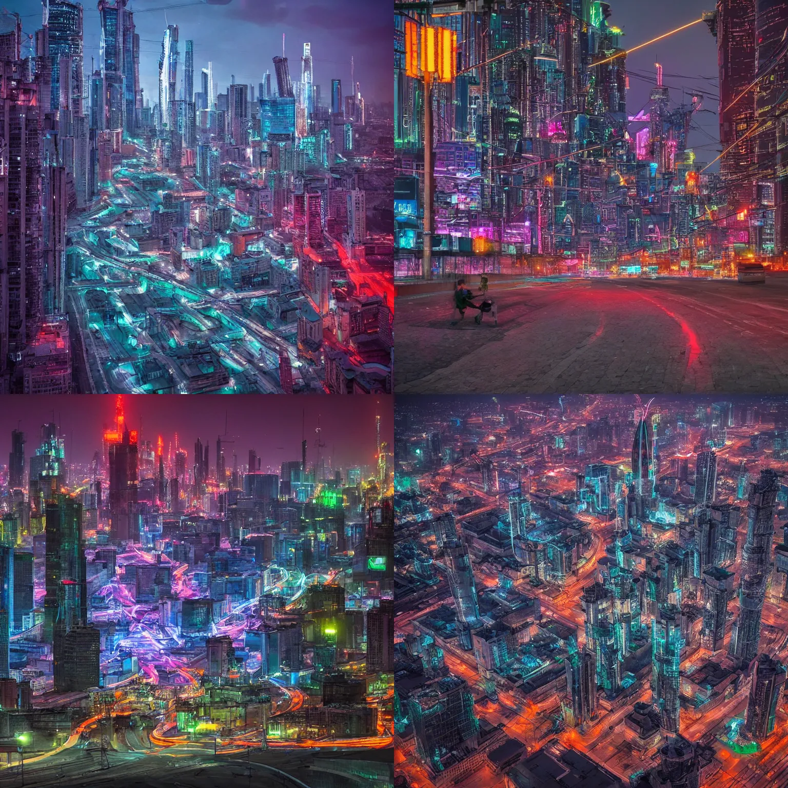 Prompt: Moscow city looks like cyberpunk city with flying cars neon lights and strange people