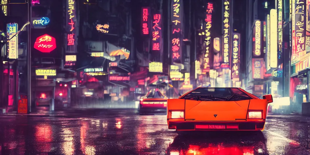 Image similar to photo lamborghini countach parked in a rainy neo tokyo street at night with neon light signs illuminating the scene, sharp focus, highly detailed, ray tracing, cinematic, moody, hdr, 4 k