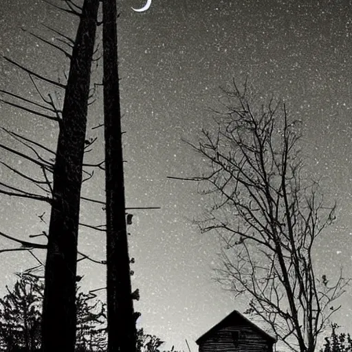 Prompt: towering forgotten cabin. masterpiece digital art, nightmare. lonely. dark, scary. endless tall trees in the background. scary morbid scarecrow in for ground. nighttime. dreamlike. the moon shines.