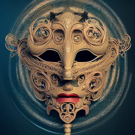 Image similar to an elaborate intricate mask in swirling wind, rendered in octane, behance hd, bokeh backdrop