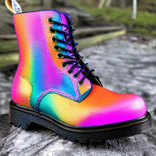 Prompt: stiletto doc Martin boots with rainbow colored polka dots, product photo, detailed, 4k