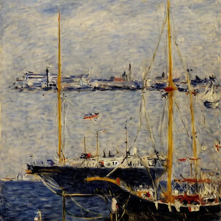 Prompt: a master painting of a big ship docked at the harbor, sharp focus, very detaied, by berthe morisot