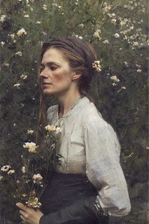 Image similar to Richard Schmid and Jeremy Lipking and Antonio Rotta full length portrait painting of a young beautiful traditonal dutch woman holding flowers