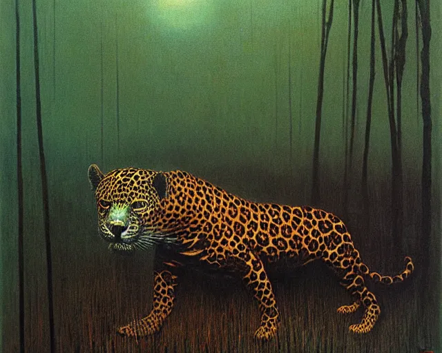 Image similar to Beksinski painting. Jaguar in a dark misty jungle, painted by Beksinski