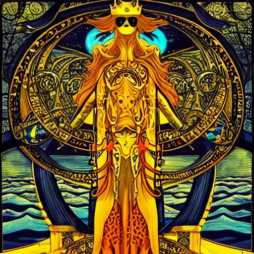 Prompt: a majestic portrait of the king in yellow, in front of a fantasy city, with black suns in the sky, intricate, dark colors, art nouveau