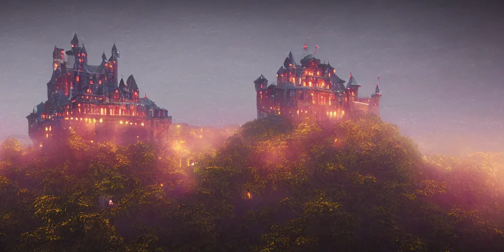 Prompt: a highly detailed photo of a castle made of computer chips surrounded by a mist shot during twilight on 3 0 mm film painted by alena aenami, rendered in unreal engine