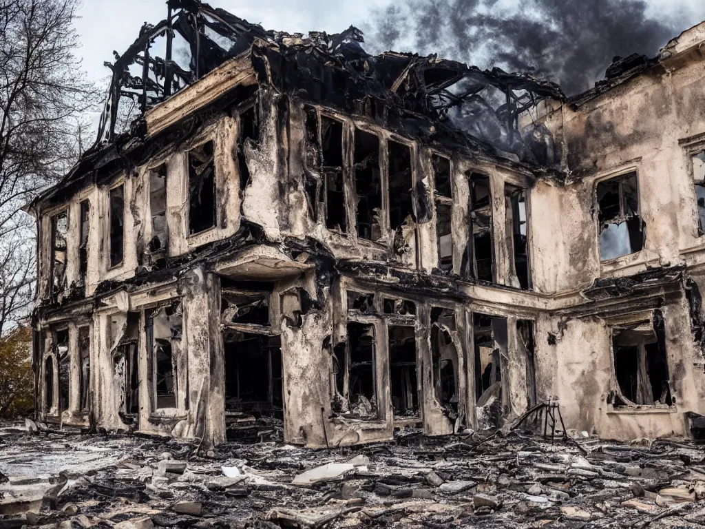 Image similar to old building, half of it is destroyed and burnt!, no fire, no smoke, black burnt ruins, photography, realism, dslr photo, 8 k, journalism