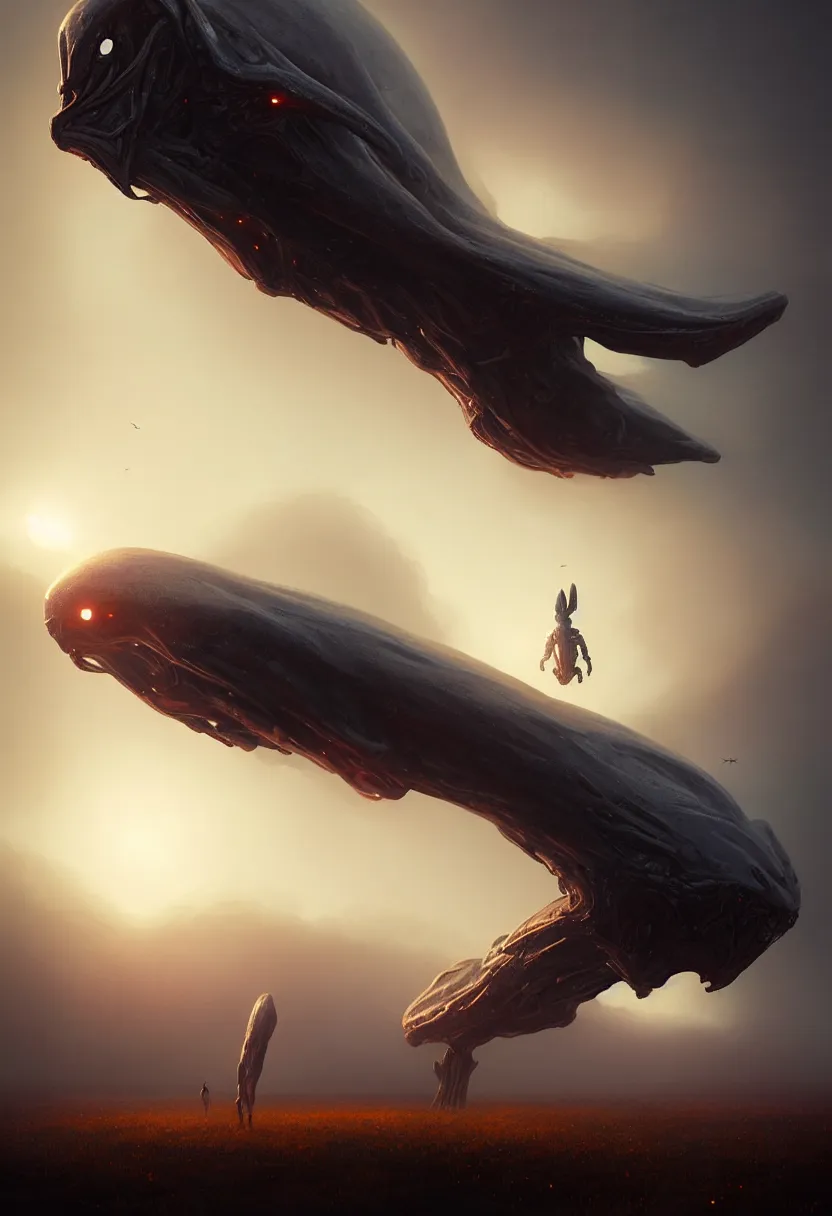 Image similar to strange alien creature flying up, autumn sunset, white background, ultra high definition, ultra detailed, symmetry, fog, matte painting, by greg rutkowski and ross tran and wlop