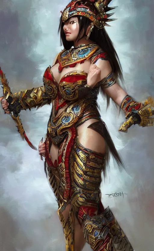 Image similar to curvy asian tribal armor girl by daniel gerhartz, trending on art station