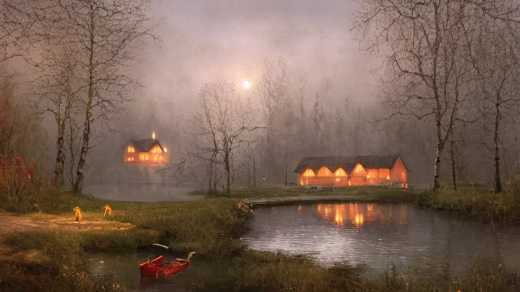 Image similar to small red wooden cottage by the lake, lanterns in the front of the cottage, smoke coming out of the chimney, dusk, birch trees, tranquility, two swans swimming in the lake, two swans, a wooden rowing boat, by Greg Rutkowski, by Charlie Bowater