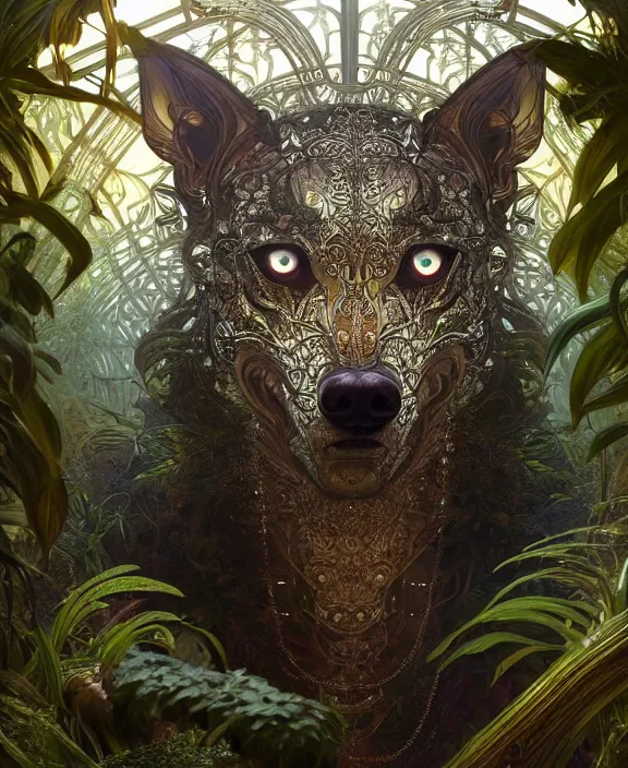 Prompt: intricate ornate opulent transparent clear see - through portrait of a terrifying beautiful male alien wolf, mottled coloring, adorable, childlike, overgrown jungle environment, ultra realistic, concept art, art nouveau, photorealistic, octane render, 8 k, unreal engine. art by christopher marley and artgerm and greg rutkowski and alphonse mucha