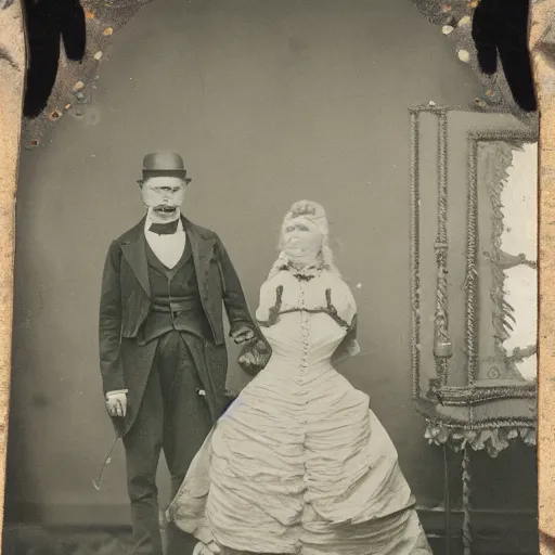 Prompt: Cabinet card photograph of monsters dressed in Victorian clothing, hyperrealistic, beautiful hyperdetailed, depth of field, High definition, 8k, octane rend