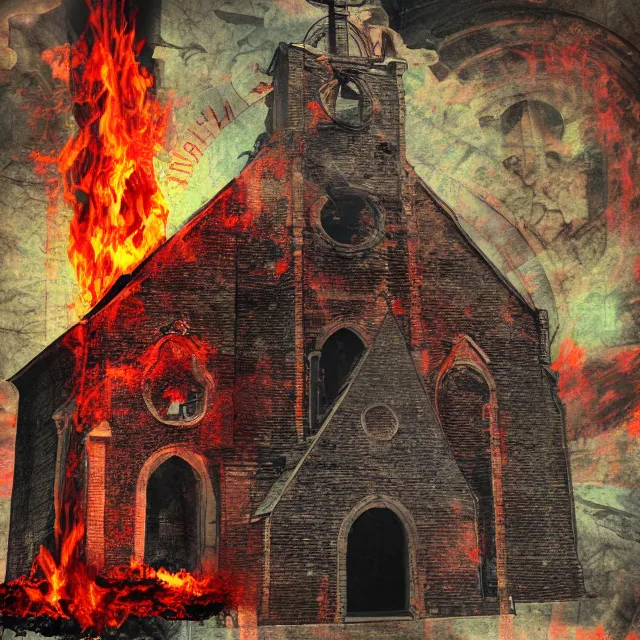 Prompt: burning church, burning cross, surrealistic collage art