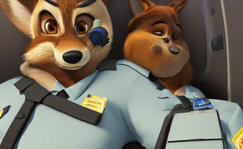 Image similar to a furry human - like dressed policewoman sleeping on duty in the police car, artstation hq, stylized, symmetry, modeled lighting, expressive, studio photo refined, highly detailed, hyper realistic, furry, sense of awe, zootopia style