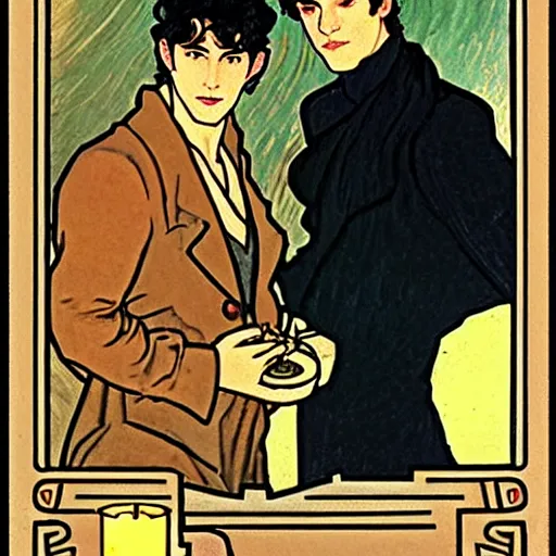 Image similar to tarot card of young cute handsome beautiful dark medium wavy hair man in his 2 0 s named shadow taehyung and cute handsome beautiful min - jun together at the halloween party, bubbling cauldron, candles, smoke, autumn colors, elegant, stylized, soft facial features, delicate facial features, art by alphonse mucha, vincent van gogh, egon schiele