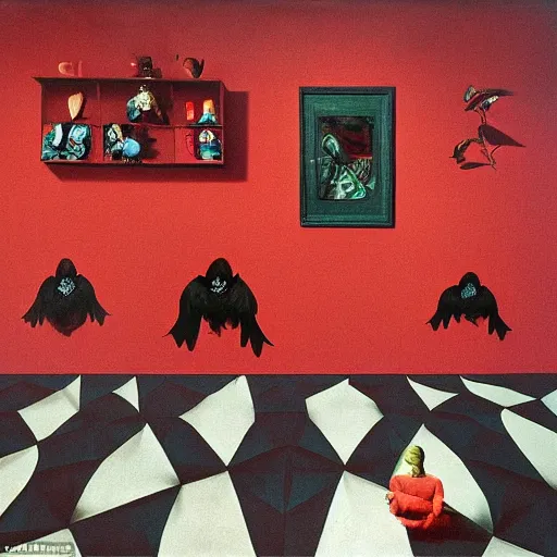 Image similar to surreal colour photography of a red raven dark turquoise and shadows by sandy skoglund and heironymus bosch, victorian painting