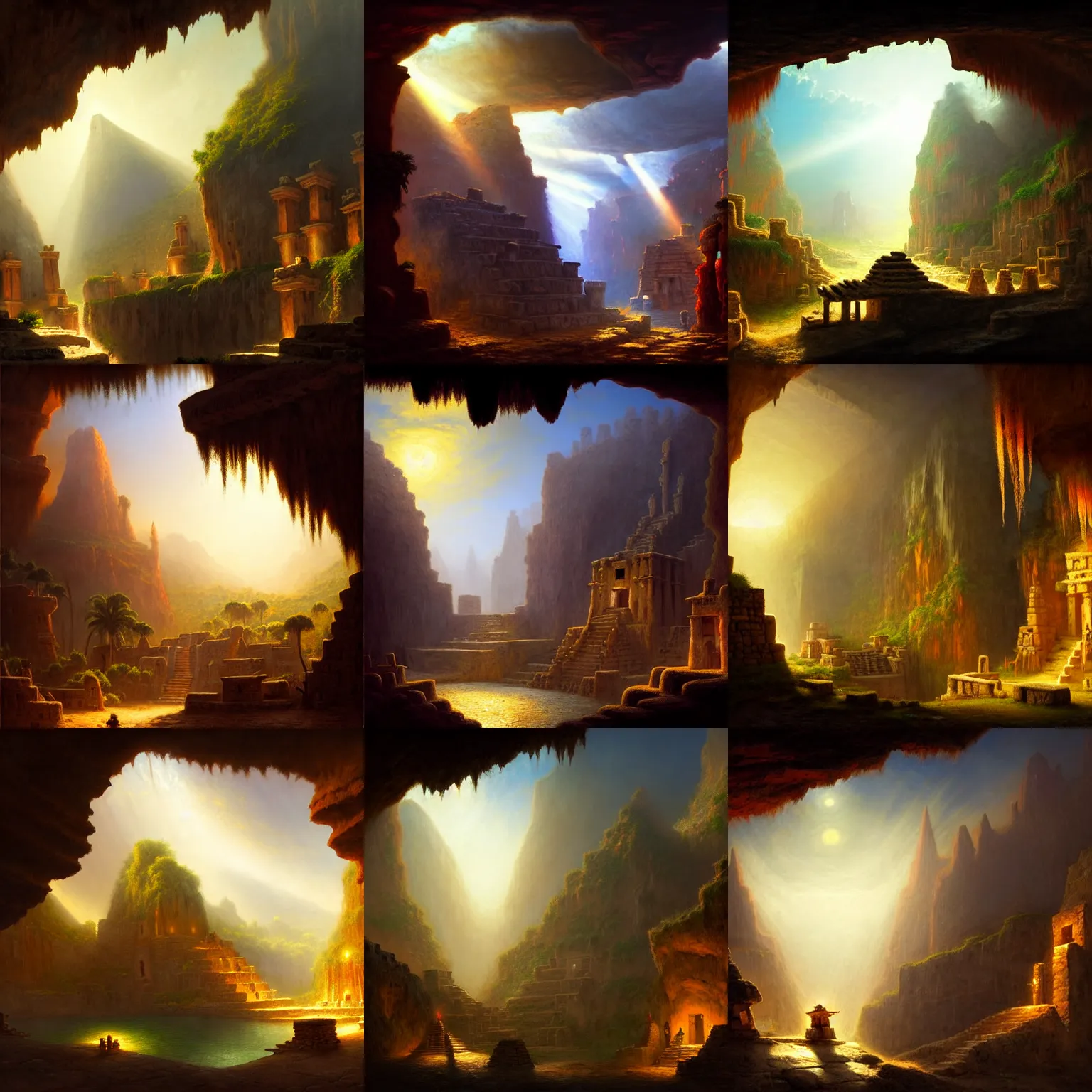 Prompt: aztec town built on the walls of a cave by jorge jacinto and albert bierstadt, mystical, fantasy, rays of light, atmospheric lighting, uhd, 8 k