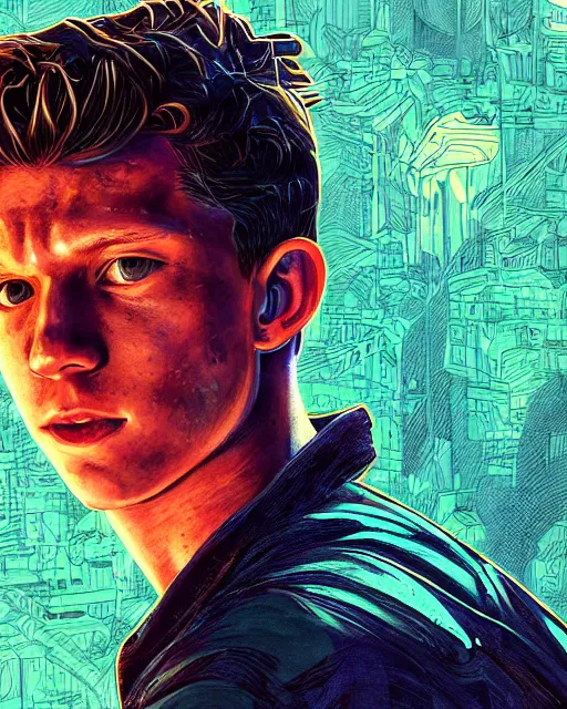 Image similar to closeup portrait of tom holland, an ultrafine detailed illustration by james jean, intricate linework, bright colors, final fantasy, behance contest winner, vanitas, angular, altermodern, unreal engine 5 highly rendered, global illumination, radiant light, detailed and intricate environment