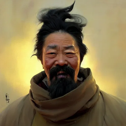 Image similar to Greg Manchess portrait painting of a chinese 60 year old character, soul patch, facial tattoo, long hair, medium shot, asymmetrical, profile picture, Organic Painting, sunset dark dramatic, matte painting, bold shapes, hard edges, street art, trending on artstation, by Huang Guangjian and Gil Elvgren and Sachin Teng