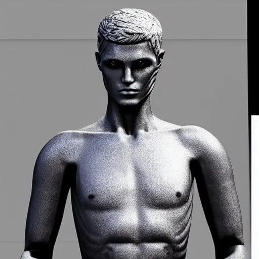 Image similar to “a realistic detailed photo of a guy who is an attractive humanoid who is half robot and half humanoid, who is a male android, twitch streamer and youtuber Ludwig Ahgren, shiny skin, posing like a statue, blank stare”