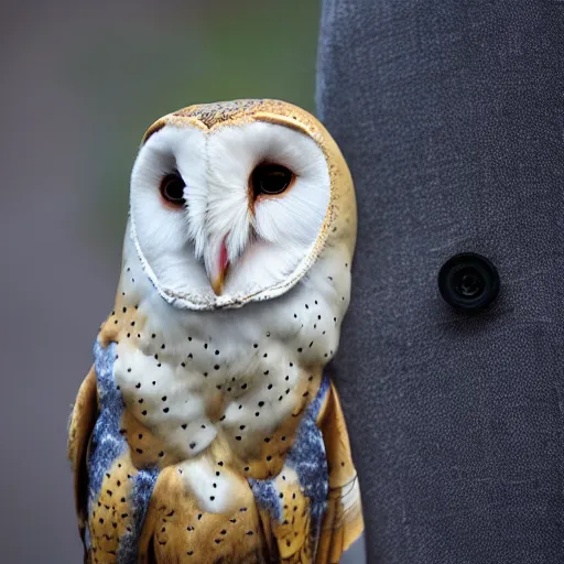 Image similar to barn owl wearing a suit, barn owl in a suit, very detailed, album photo, canon shot