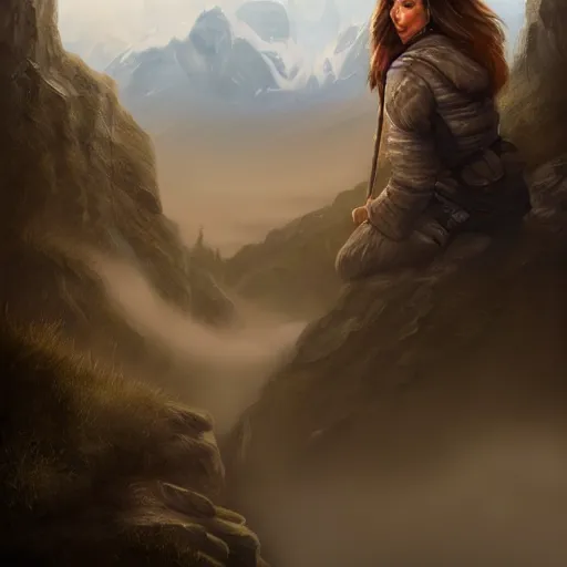 Image similar to highly detailed beautiful digital portrait painting of an adventurer woman facing away from the camera, looking at cliffs and mountains in the distant fog, trending on artstation, cgsociety