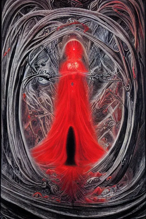 Image similar to mysterious occult woman, shrouded in black and red, hovering over the ground in front of a portal opening up into the depth of a new realm, epic surrealism 8k oil painting, high definition, post modernist layering, by Ernst Fuchs, John Howe