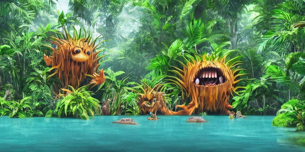 Image similar to of a tropical rainforest lake with strange cute friendly happy creatures with huge eyes, mouth, long tongue, round teeth and goofy face, appearing from the water, in the style of gehry and gaudi, macro lens, shallow depth of field, ultra detailed, digital painting, trending artstation, concept art, illustration, cinematic lighting, photorealism, epic, octane render