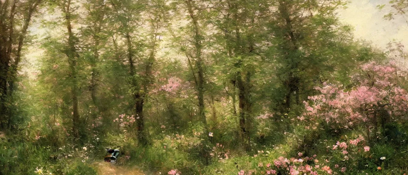 Prompt: A beautiful painting of TARDIS in the forest with little pale pink flowers and green trees, soft sun light by Herbert Arnould Olivier, Trending on artstation