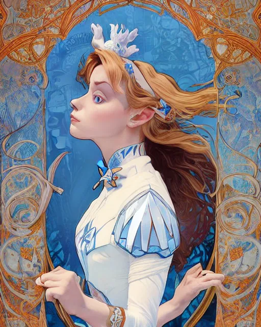 Image similar to movie poster of \'alice in wonderland\', wearing blue and white armor, fantasy, intricate, elegant, highly detailed, digital painting, artstation, concept art, smooth, sharp focus, illustration, art by Fernanda Suarez and Artem Demura and alphonse mucha