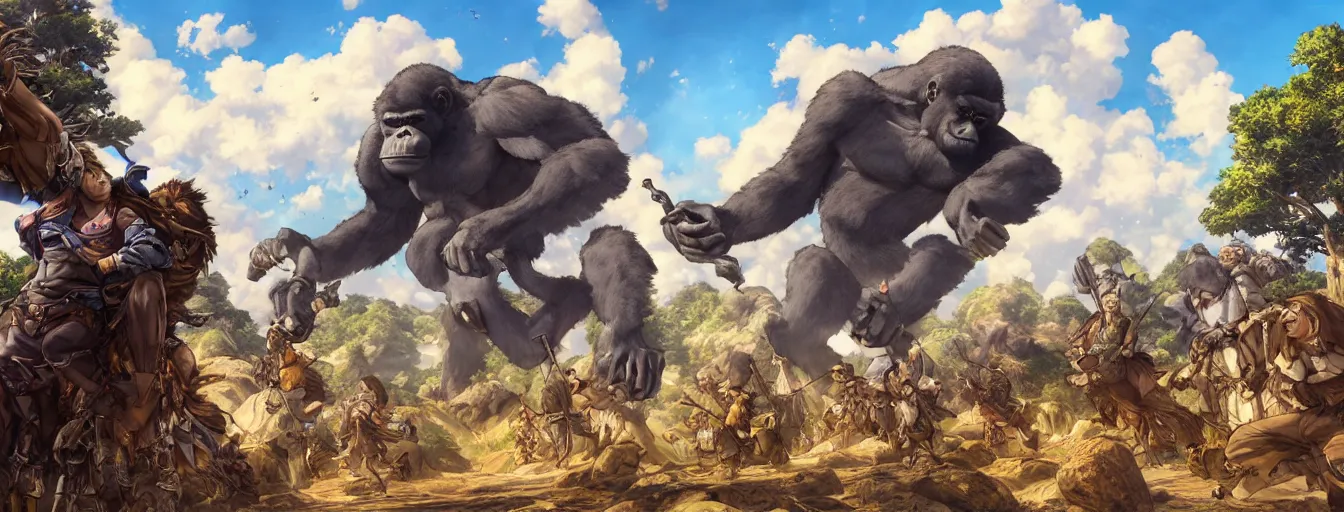 Prompt: a gigantic lanky gorilla throwing firstful of rocks at an incoming calvary. hyperrealistic anime background illustration by kim jung gi, colorful, extremely detailed intricate linework, smooth, super sharp focus, bright colors, high contrast, matte, octopath traveler, unreal engine 5 highly rendered, global illumination, radiant light