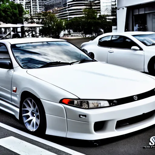 Prompt: white Nissan Silvia S15 made in 2020 modern Silvia S15 designed in 2020 parked on street wide angle photo 45mm mid distance