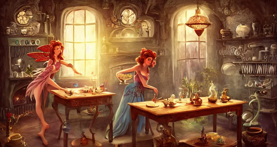 Image similar to a mid - shot of a fairy in a vintage magical kitchen, with one vintage book on a table, with a fireplace in the background d & d, fantasy, intricate, elegant, highly detailed, digital painting, artstation, concept art, smooth, sharp focus, illustration